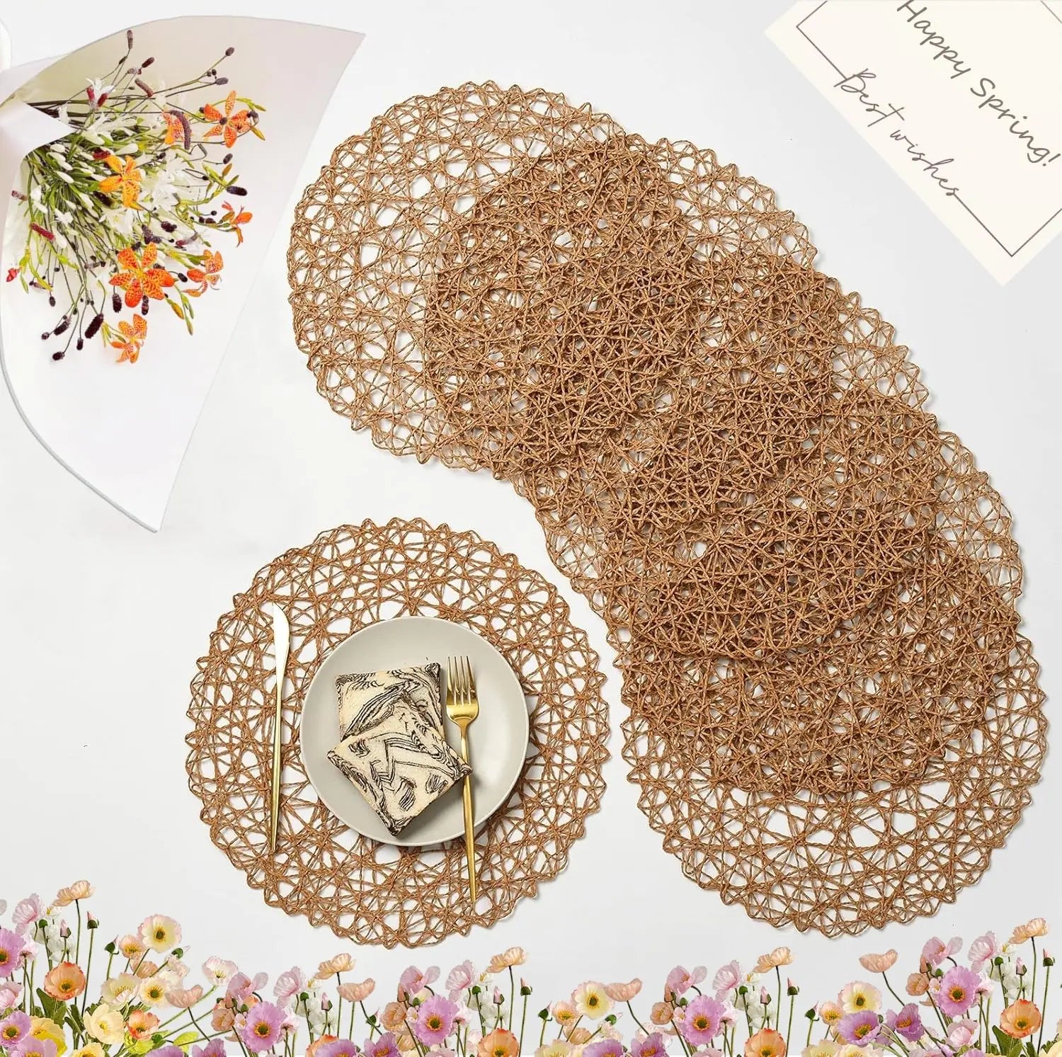 IcosaMro Brown Round Placemats Set of 6 for Dining Table 15 Inch Paper Woven Boho Decorative Circle Place Mat for Wedding Christmas Thanksgiving Day Holiday Dinner Light Coffee Brown
