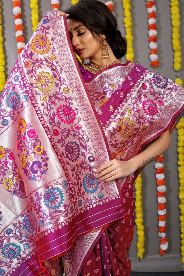 Magenta Banarasi Silk Zari Woven Saree with Matching Blouse