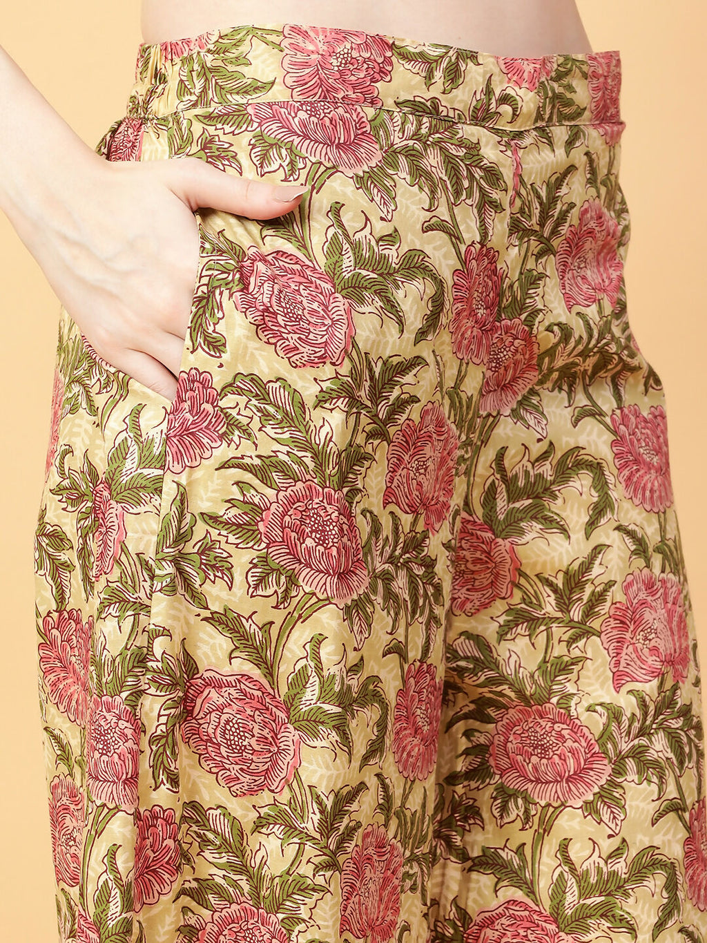 Beige Cotton Printed Hand Work Co-Ord Set for Women
