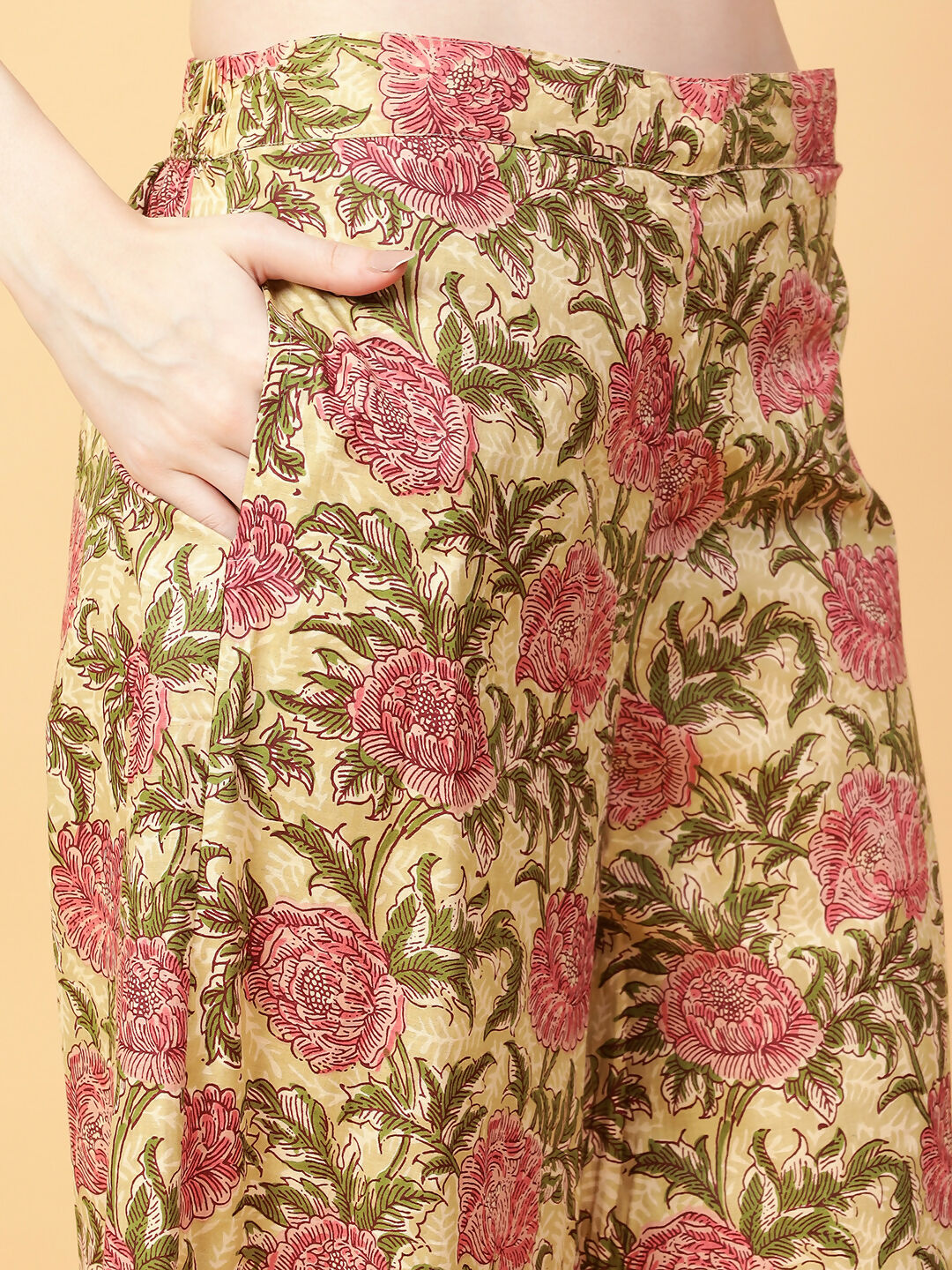Beige Cotton Printed Hand Work Co-Ord Set for Women