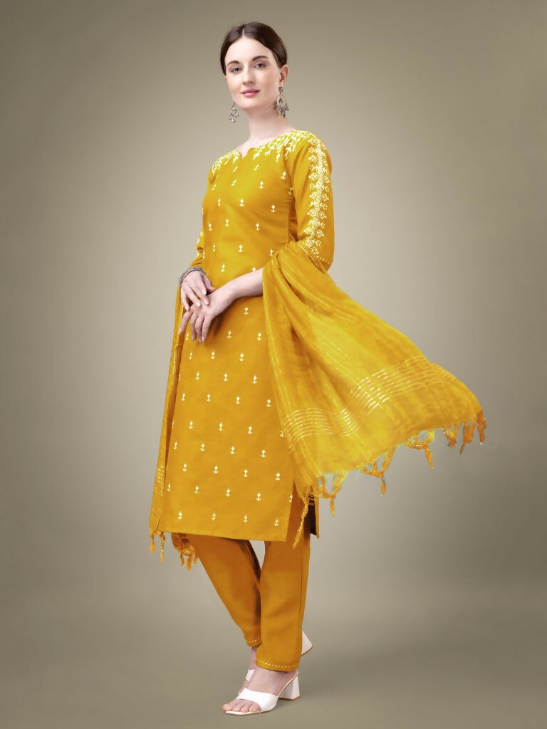 Women's Yellow Cotton Blend Embroidered Straight Kurta Set