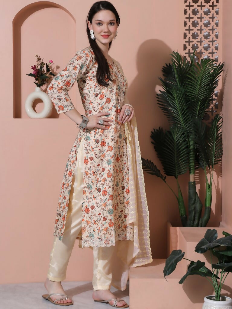 Beige Cotton Floral Print Straight Kurta Set with Dupatta