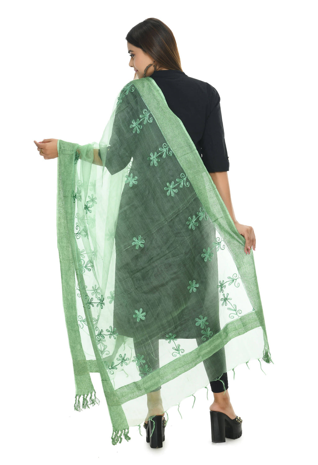 Pista Green Chikan Work Organza Dupatta - Ethnic Festive Wear