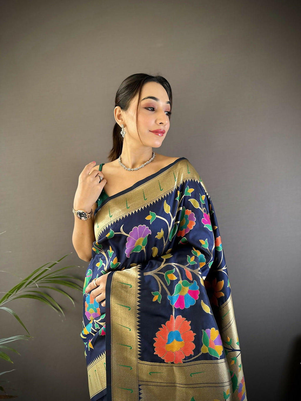 Navy Blue Zari Woven Floral Motif Soft Silk Paithani Saree