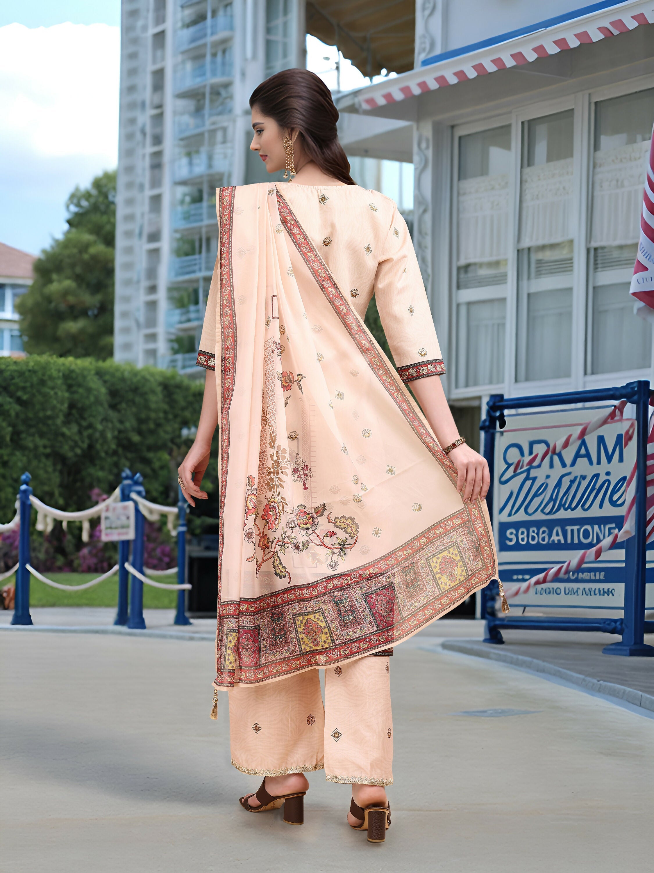 Off White Linen Digital Print Kurta Set with Foil Detailing
