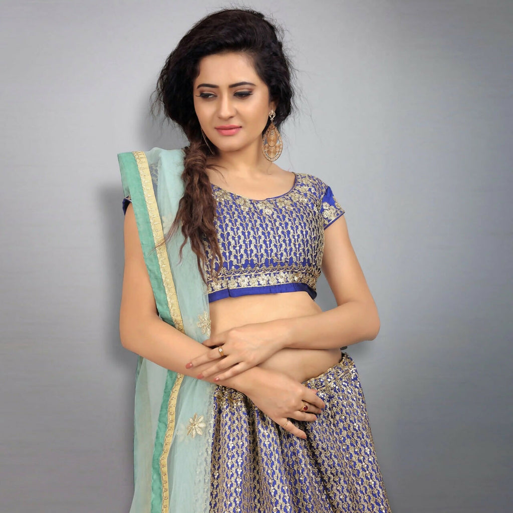 Royal Blue Taffeta Silk Lehenga Choli with Sequins and Zari