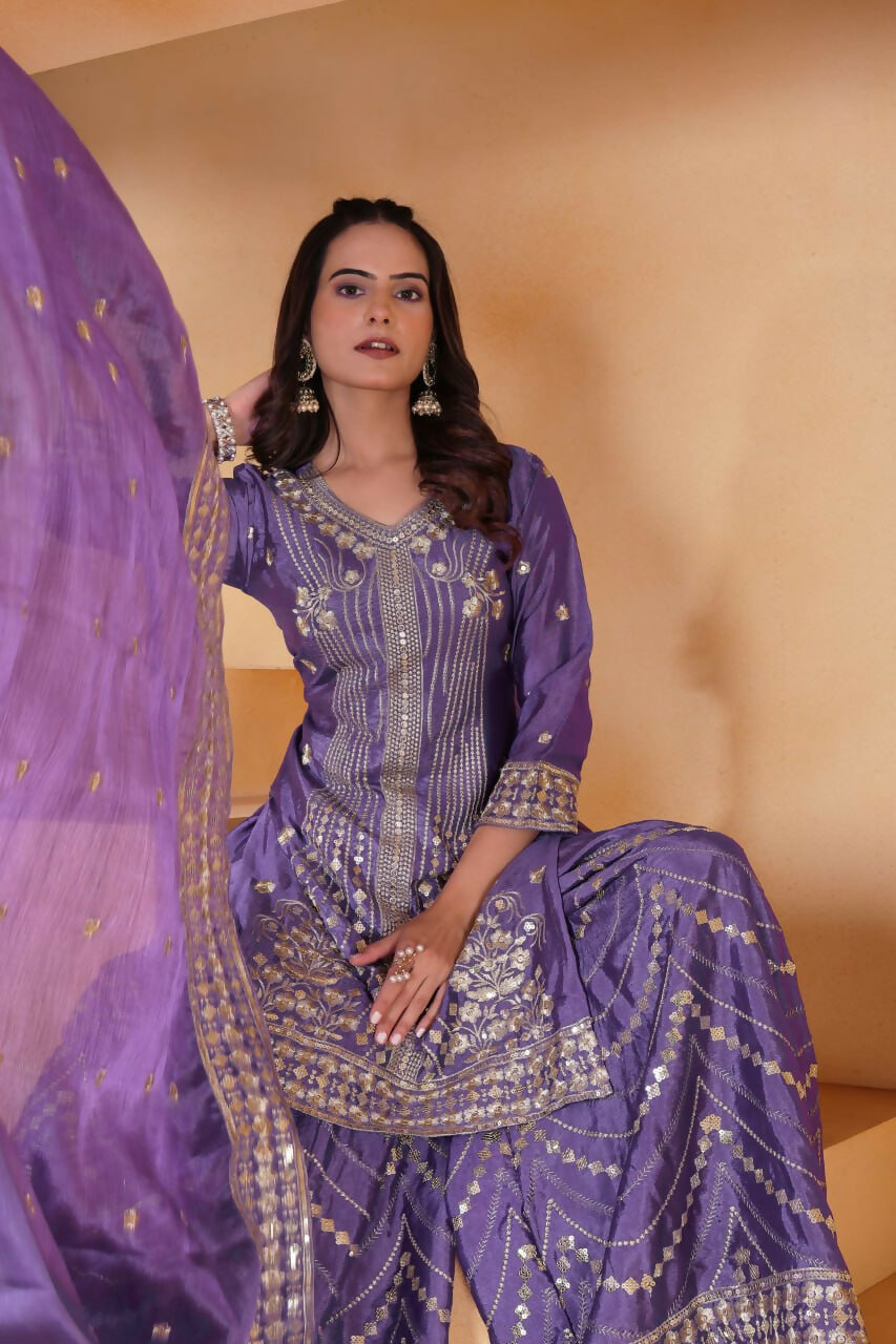 Purple Silk Embroidered Sharara Set with Kurti and Flared Pants