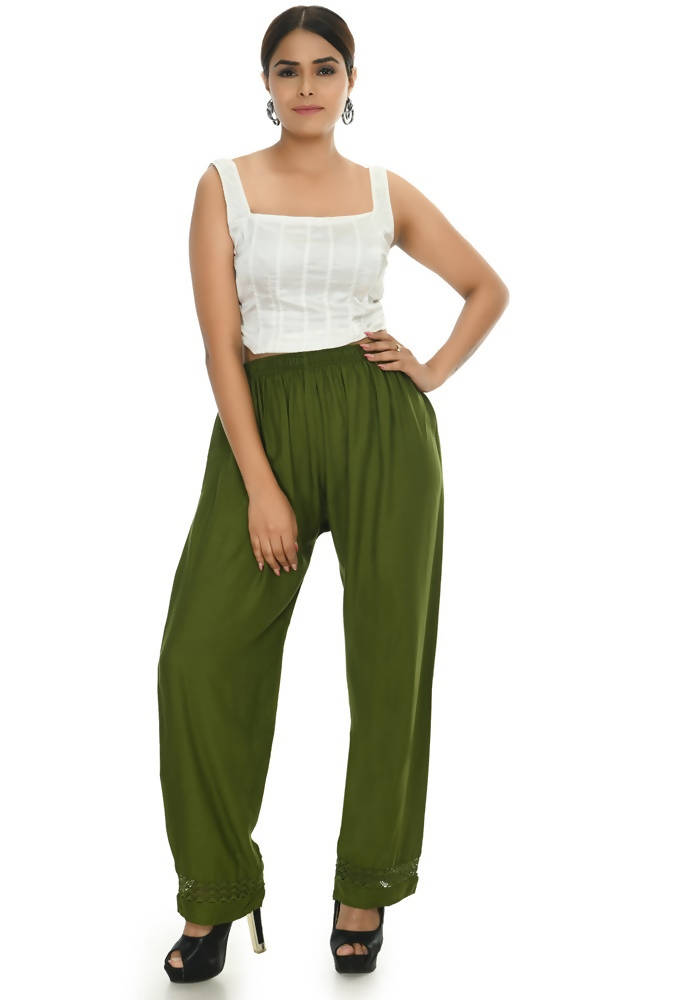 Mehndi Green Straight Palazzo Pants in Rayon Cotton