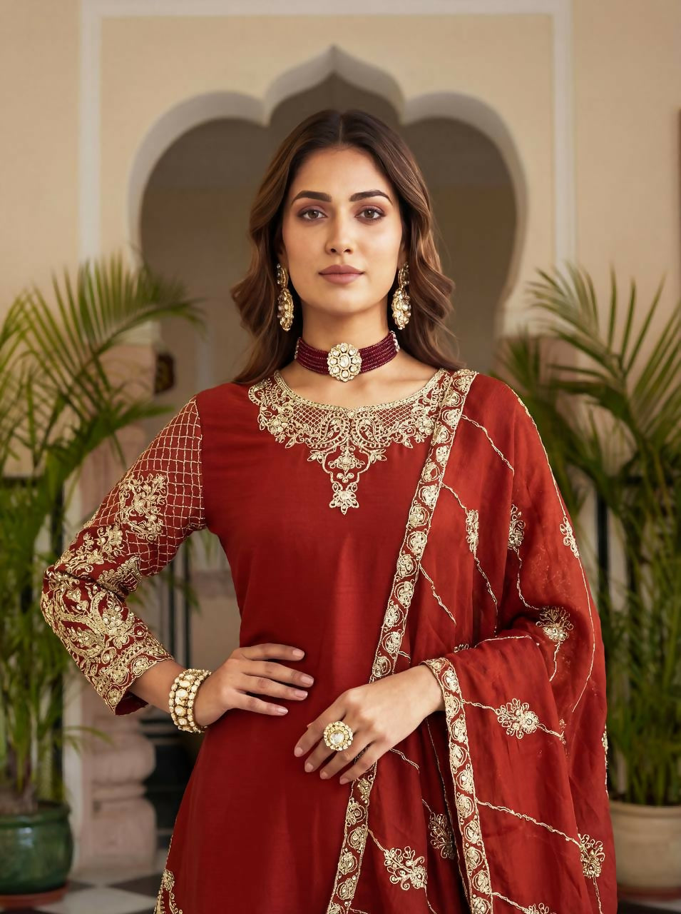 Red Silk Embroidered Sharara Set with Stitched Ethnic Kurti