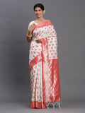Red and White Banarasi Silk saree with matching white blouse, elegant traditional Indian festive wear.