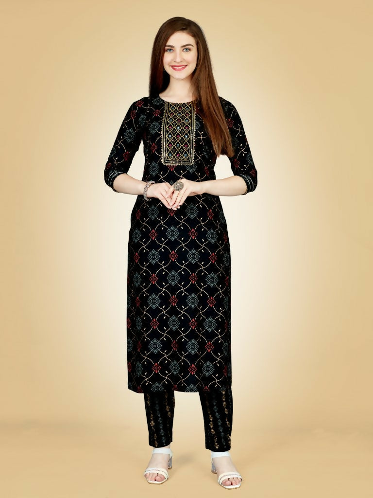 Women's Black Embroidered Viscose Rayon straight kurta pant set