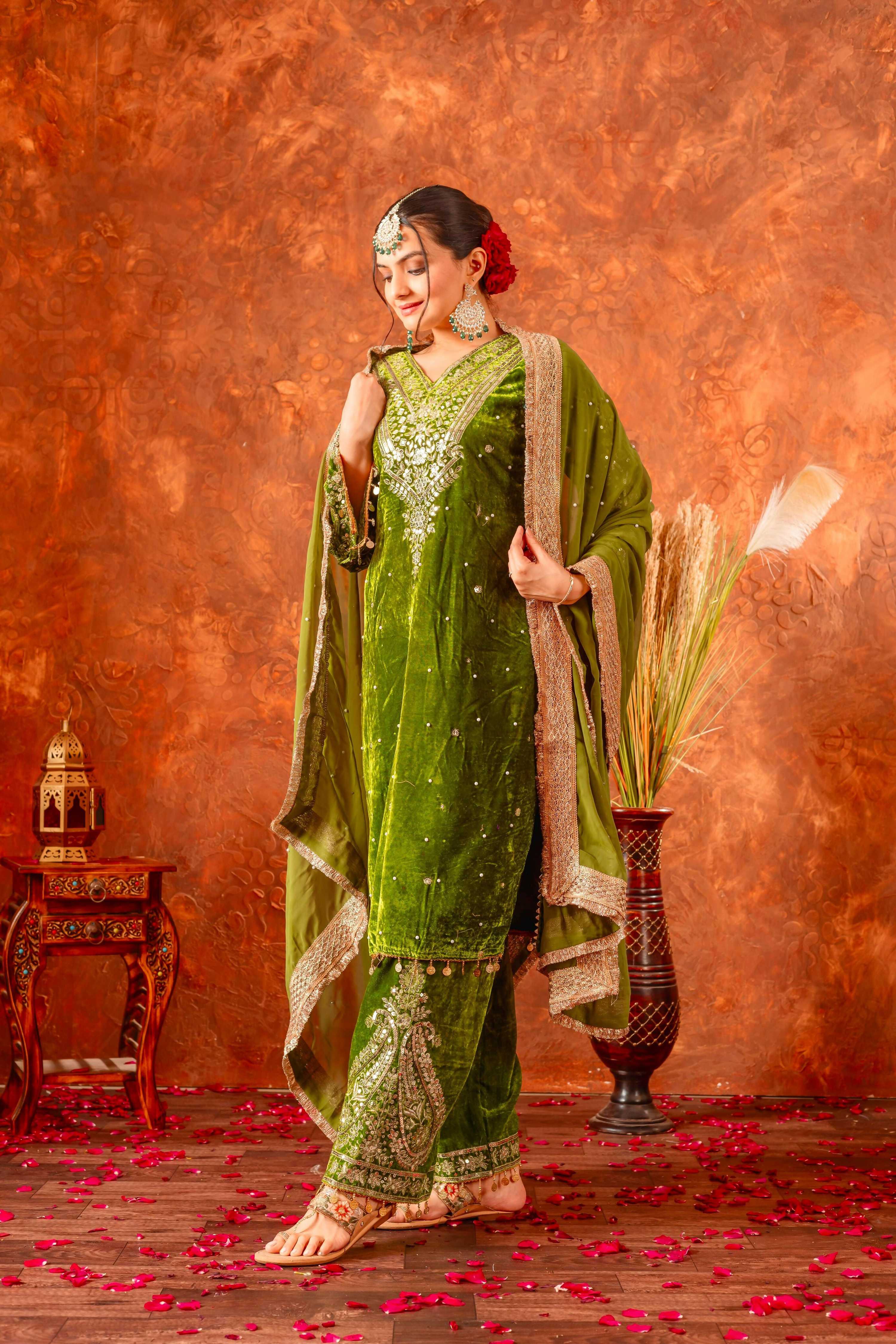 Olive Green Velvet Embroidered Kurta Set for Women
