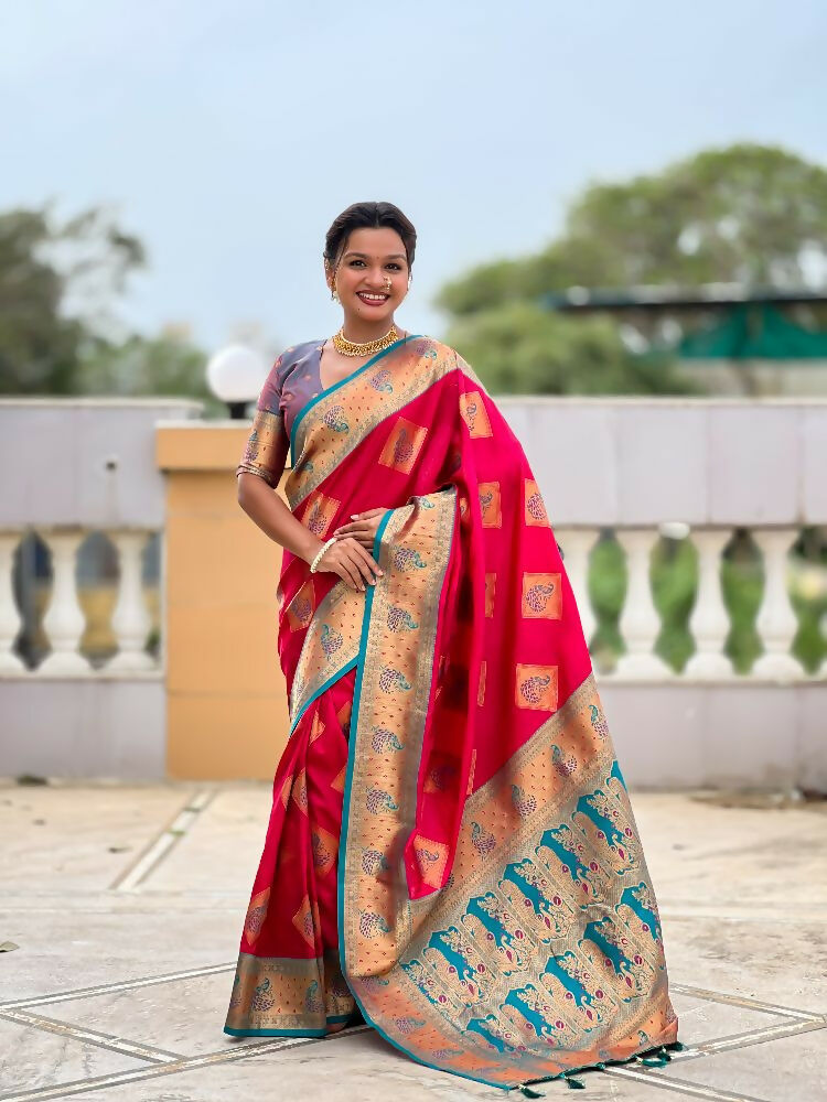 Rani Pink Soft Banarasi Silk Saree with Zari Meenakari Design