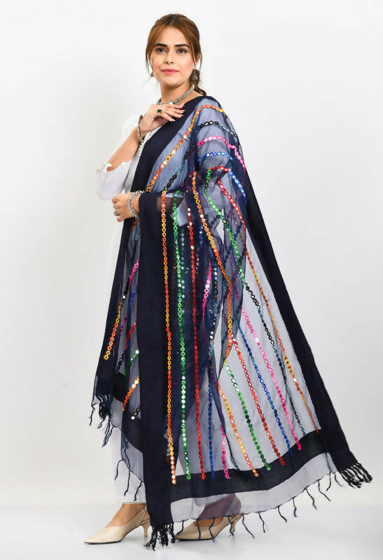 Navy Blue Organza Dupatta with Multi-Thread Mirror Work