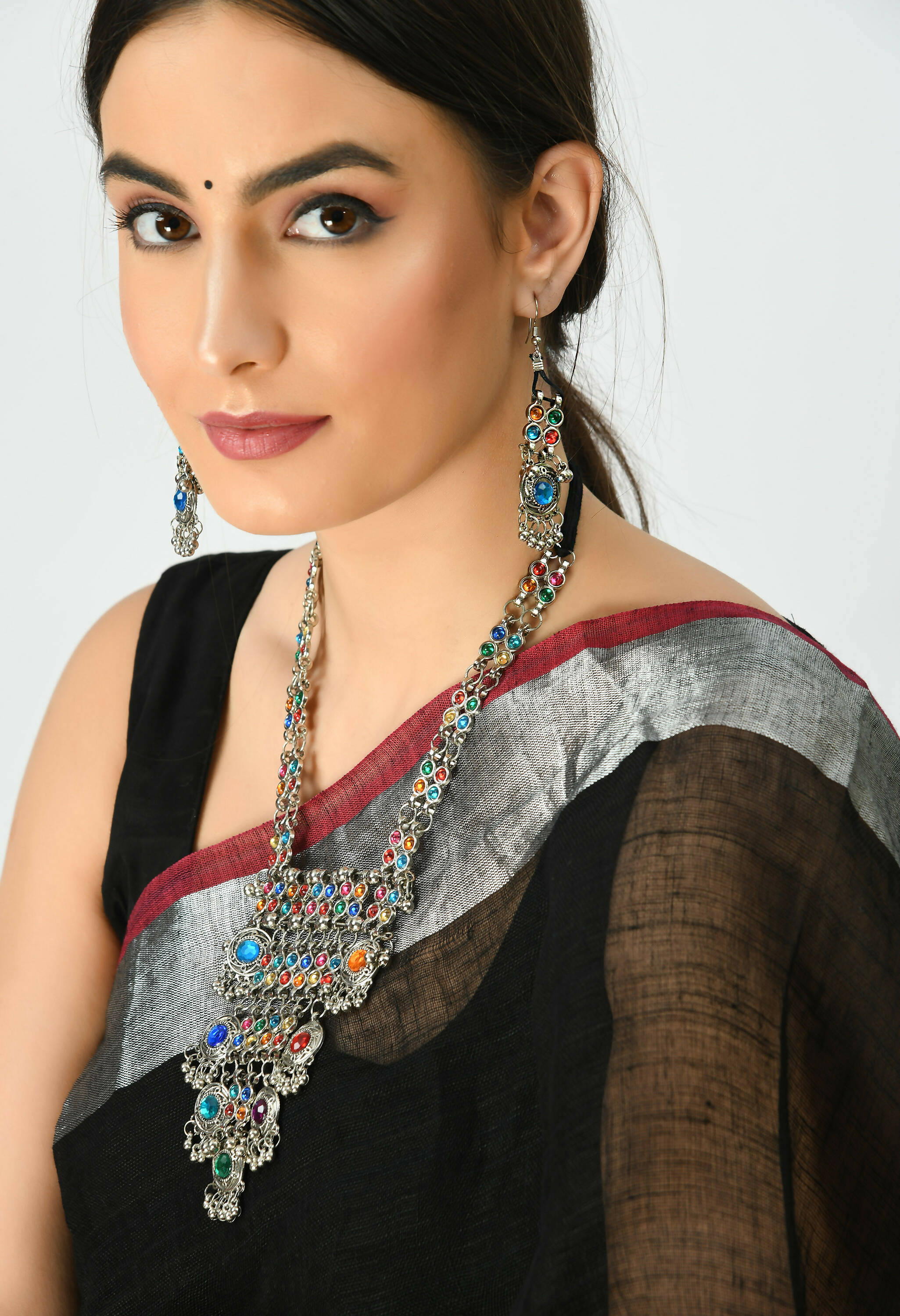 Multi Kundan Afghani Long Necklace in Oxidised Silver Finish