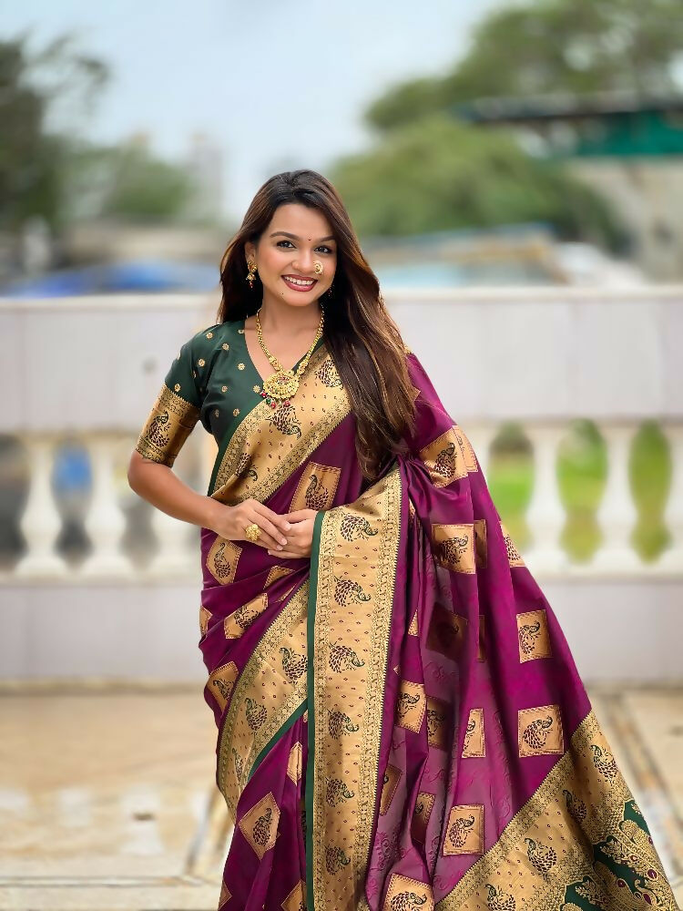 Wine Soft Banarasi Silk Saree with Zari Weaving and Meenakari