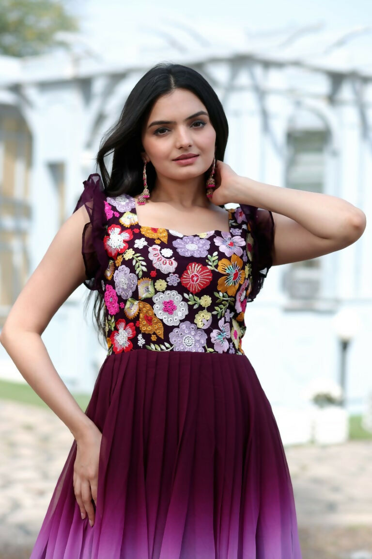 Wine Sequins Embroidery Faux Blooming Floor Length Anarkali Dress