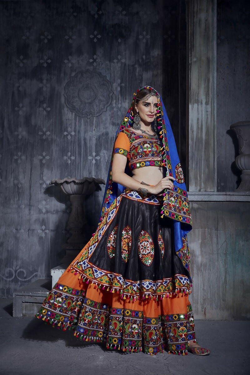 Black-Orange Art Silk Designer Navratri Lehenga Choli Set