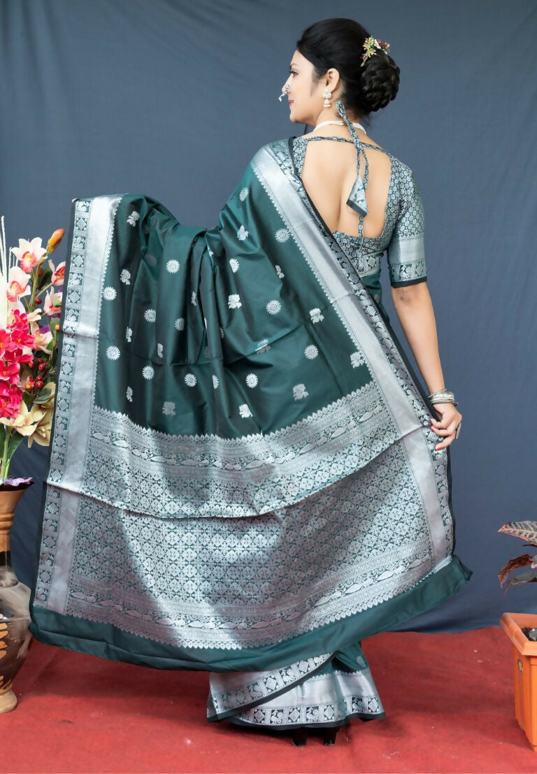 Bottle Green Soft Banarasi Silk Zari Woven Saree with Blouse