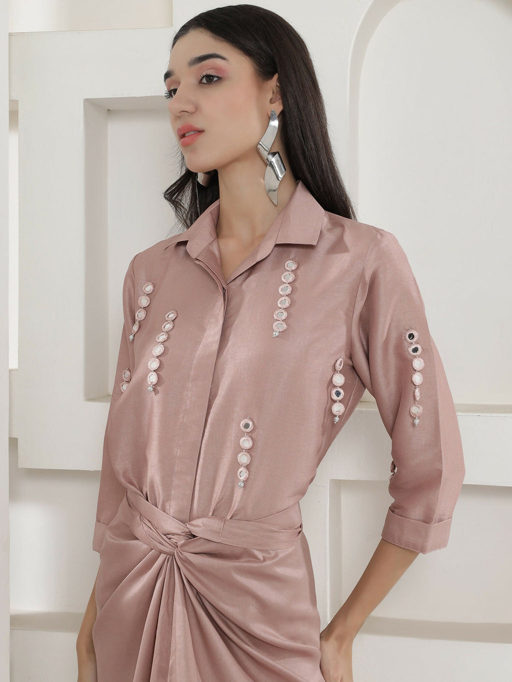 Rose Gold Tie Knot Skirt Set with Hand Embellishment Dola Silk