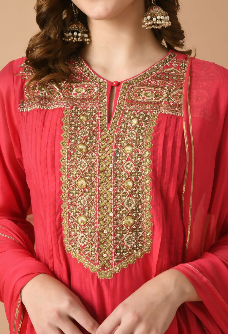Red Chanderi Kurta Set with Organza Dupatta - 3 Piece Festive Wear