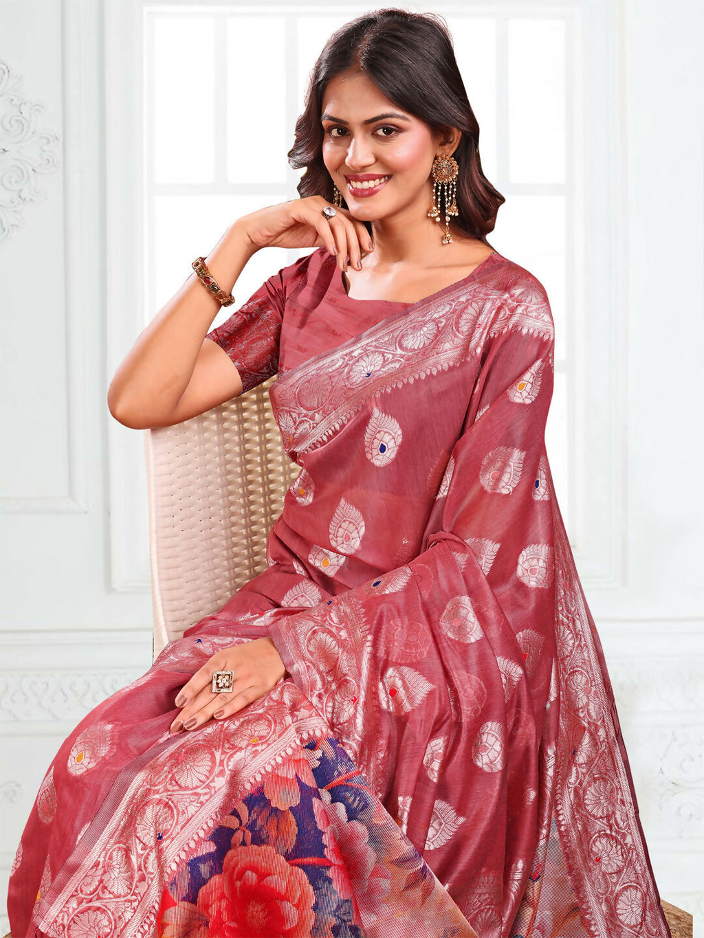 Linen Cotton Rust Saree with Matching Blouse Piece