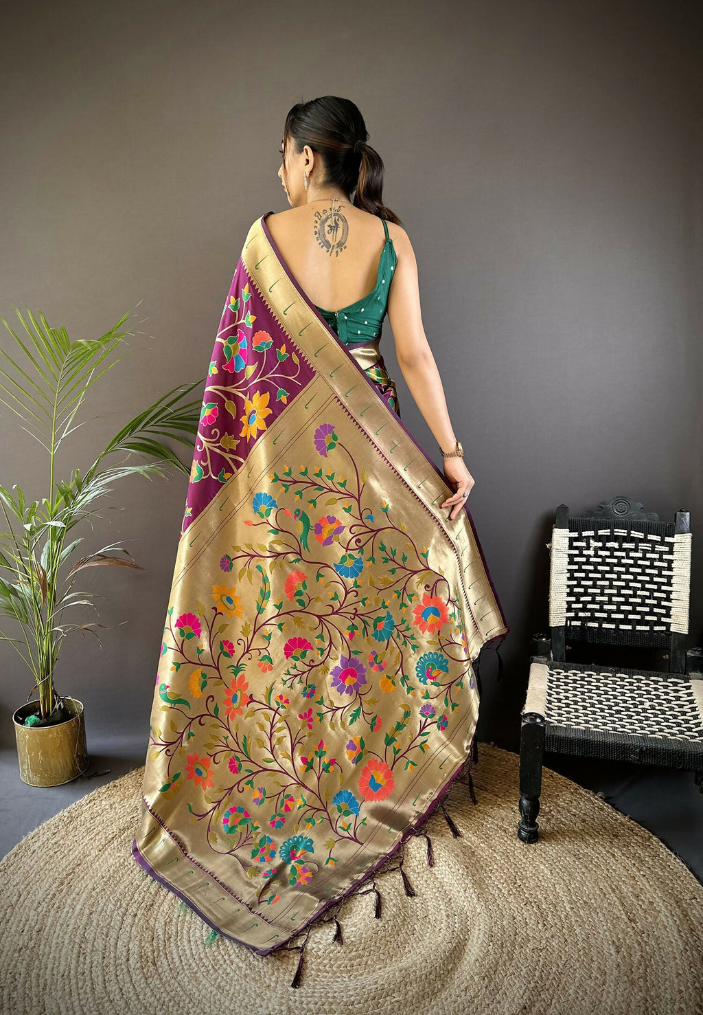 Wine Zari Woven Floral Motif Soft Silk Paithani Saree