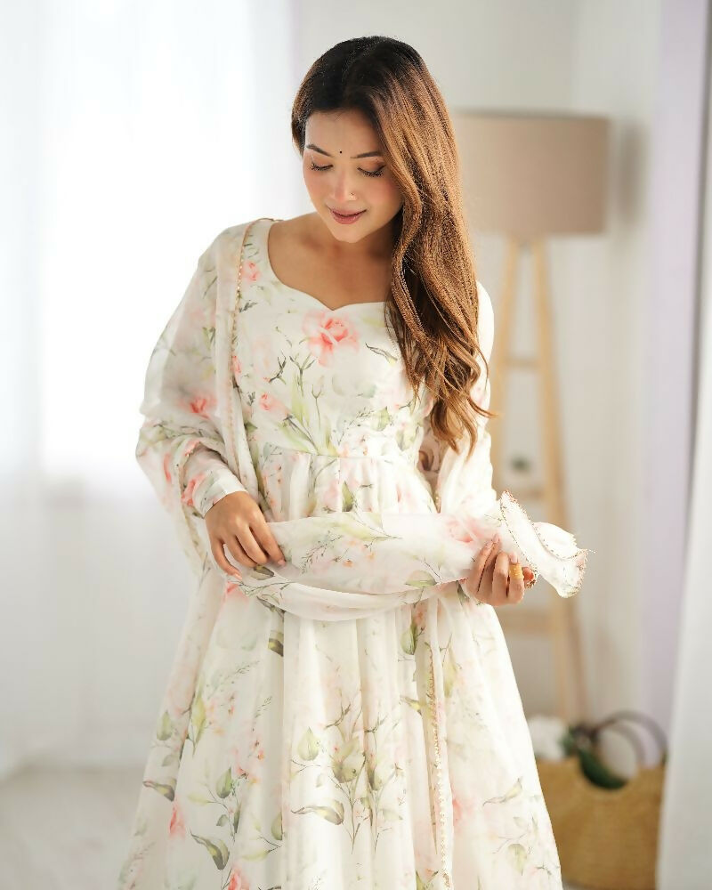 Off White Organza Kurta Set with Sequin Embroidery Work