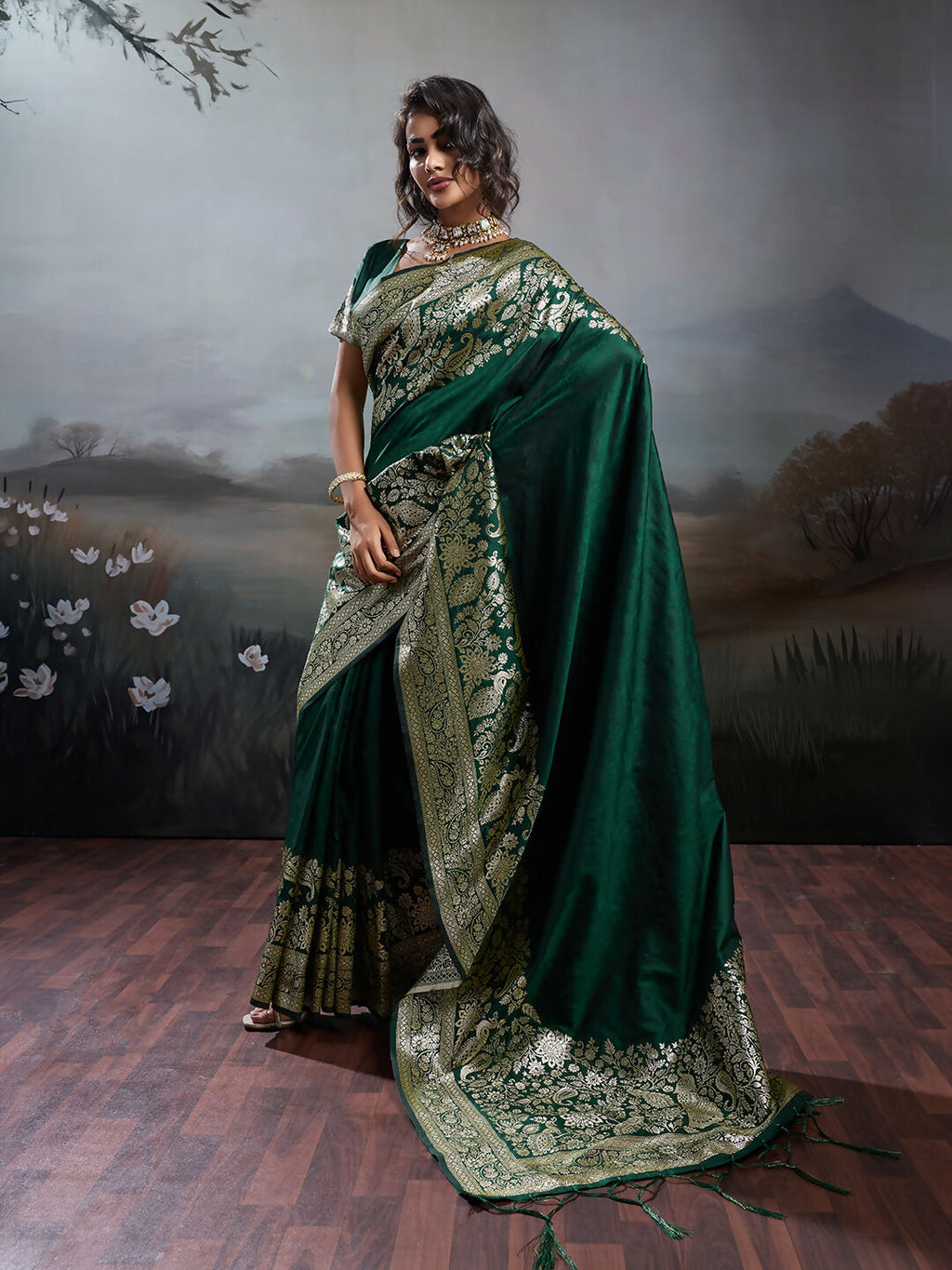 Dark Green Silk Blend Saree with Matching Blouse