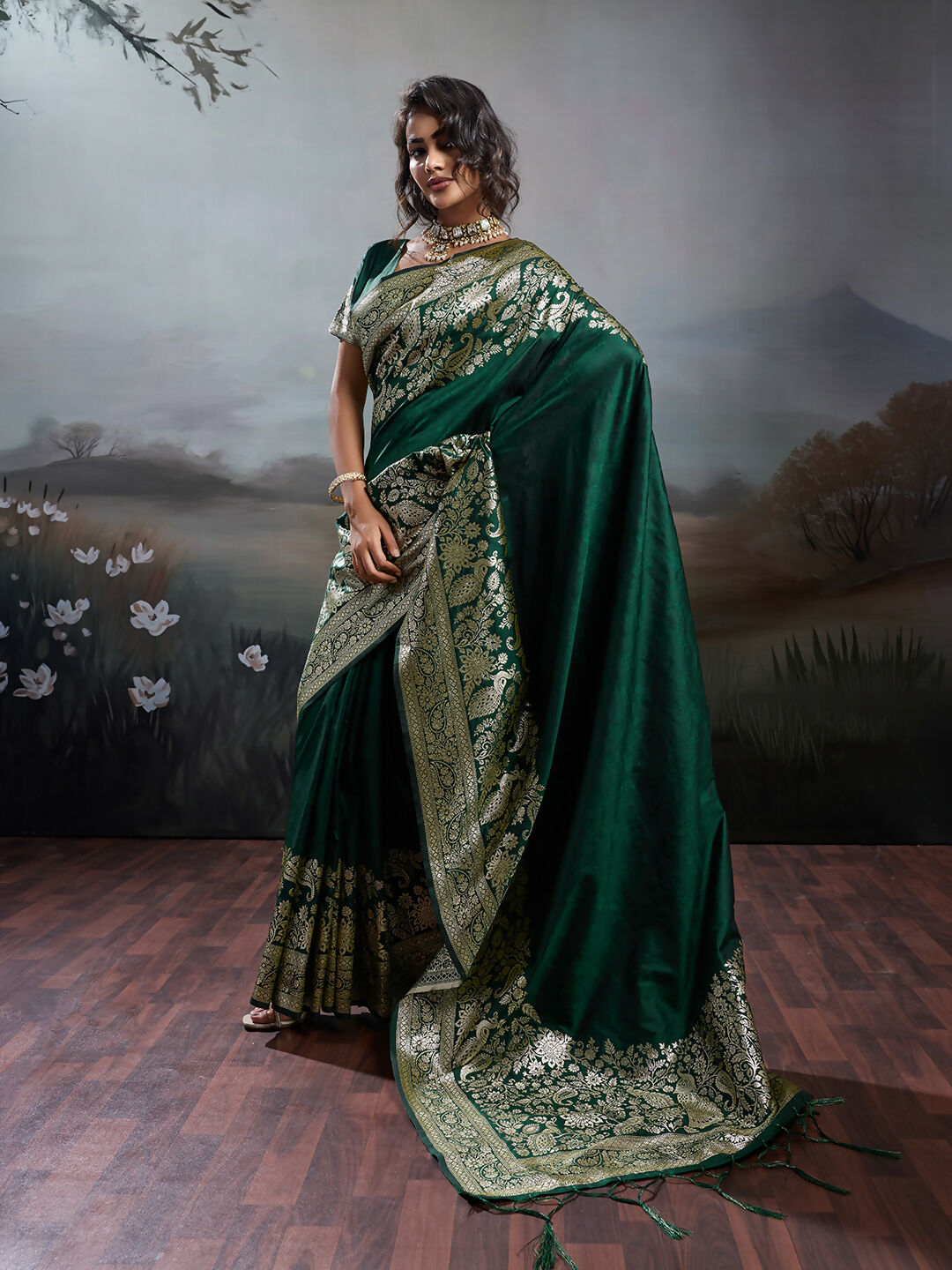 Dark Green Silk Blend Saree with Matching Blouse
