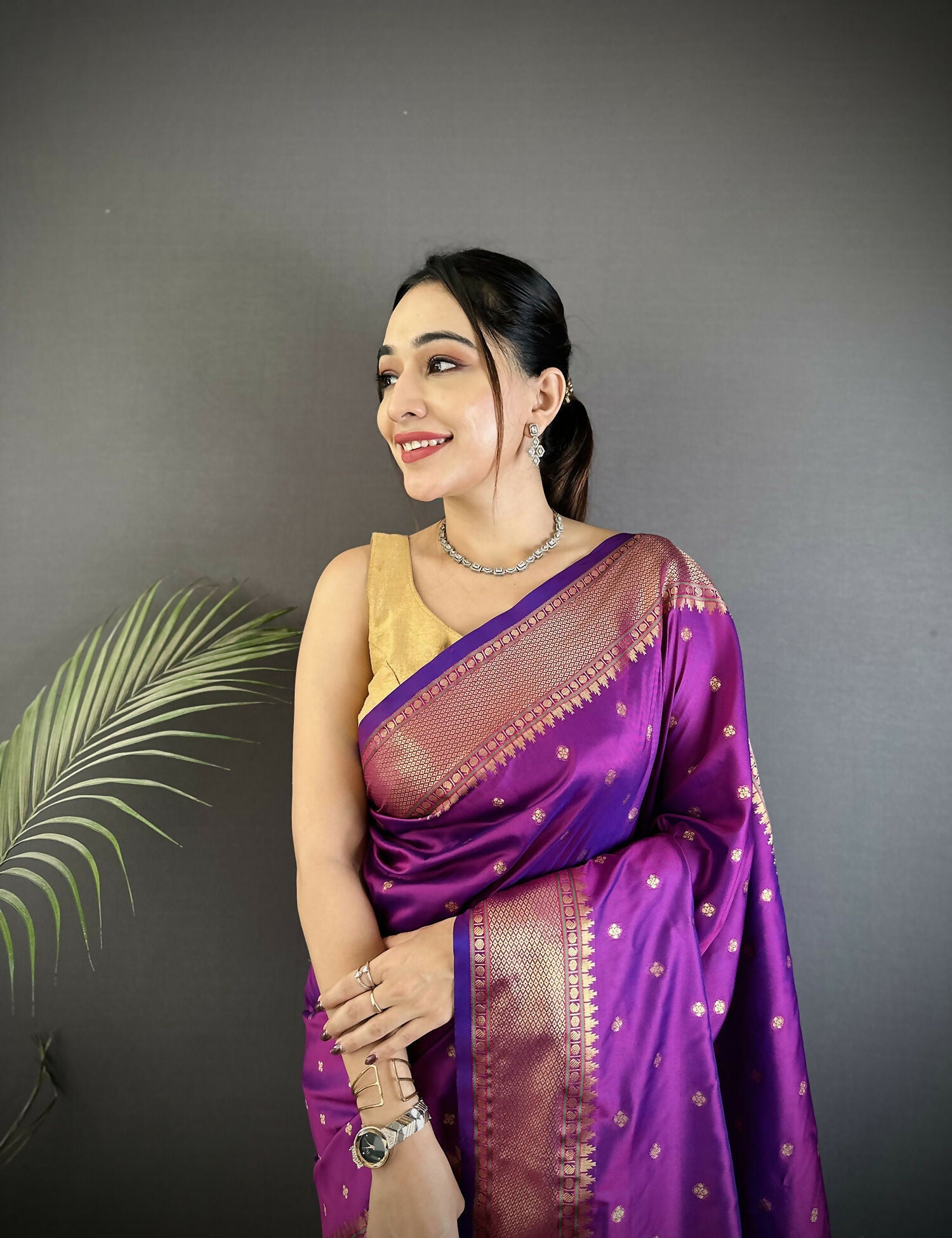Purple Butti Woven Soft Lichi Silk Paithani Saree with Blouse