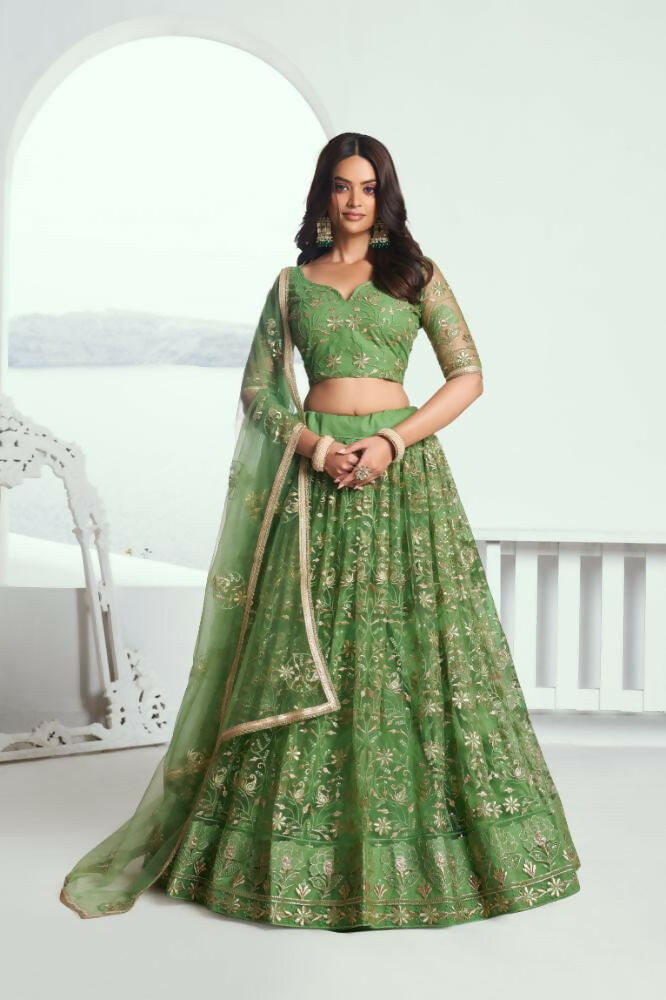 Pista Green Butterfly Net Lehenga Choli with detailed cotton thread work and sequence embroidery.