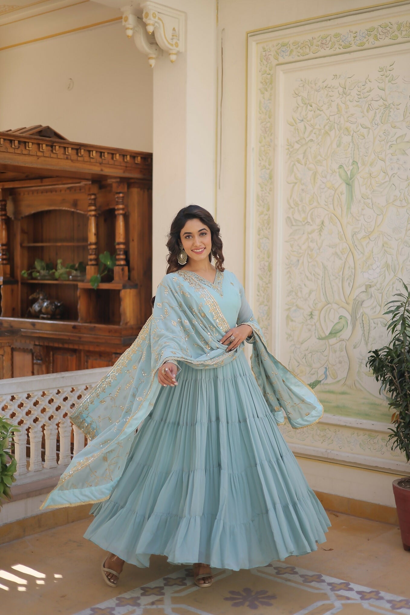 Joban Fashion Sky Blue Georgette Sequence Embroidery Work Kurta Set