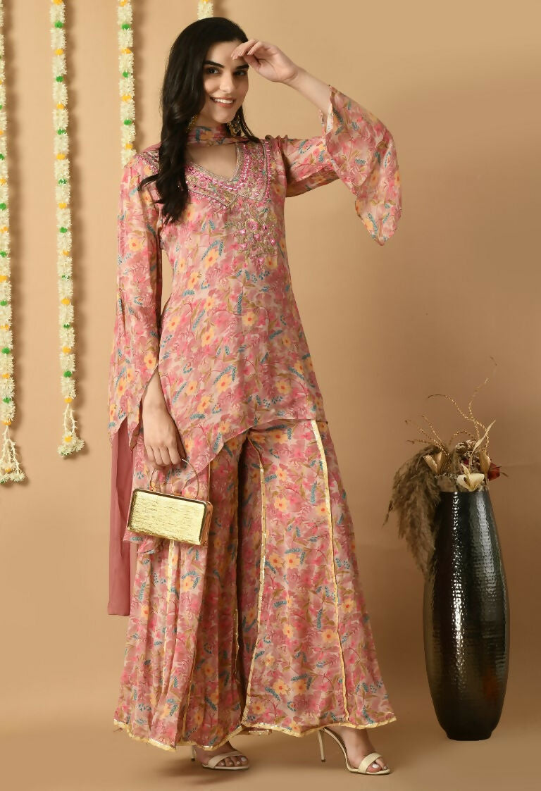 Rose Gold Chinnon Kurta Set with Organza Dupatta