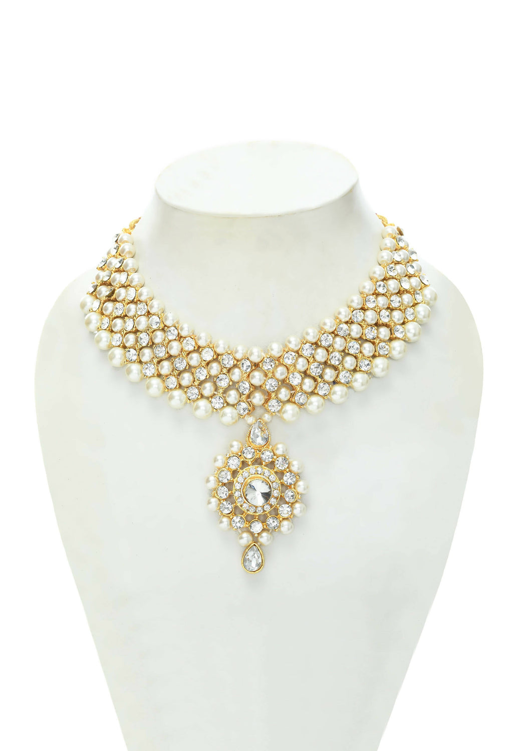 Gold-Polished Rani Haar Necklace Set with Off White Pearls & Kundan