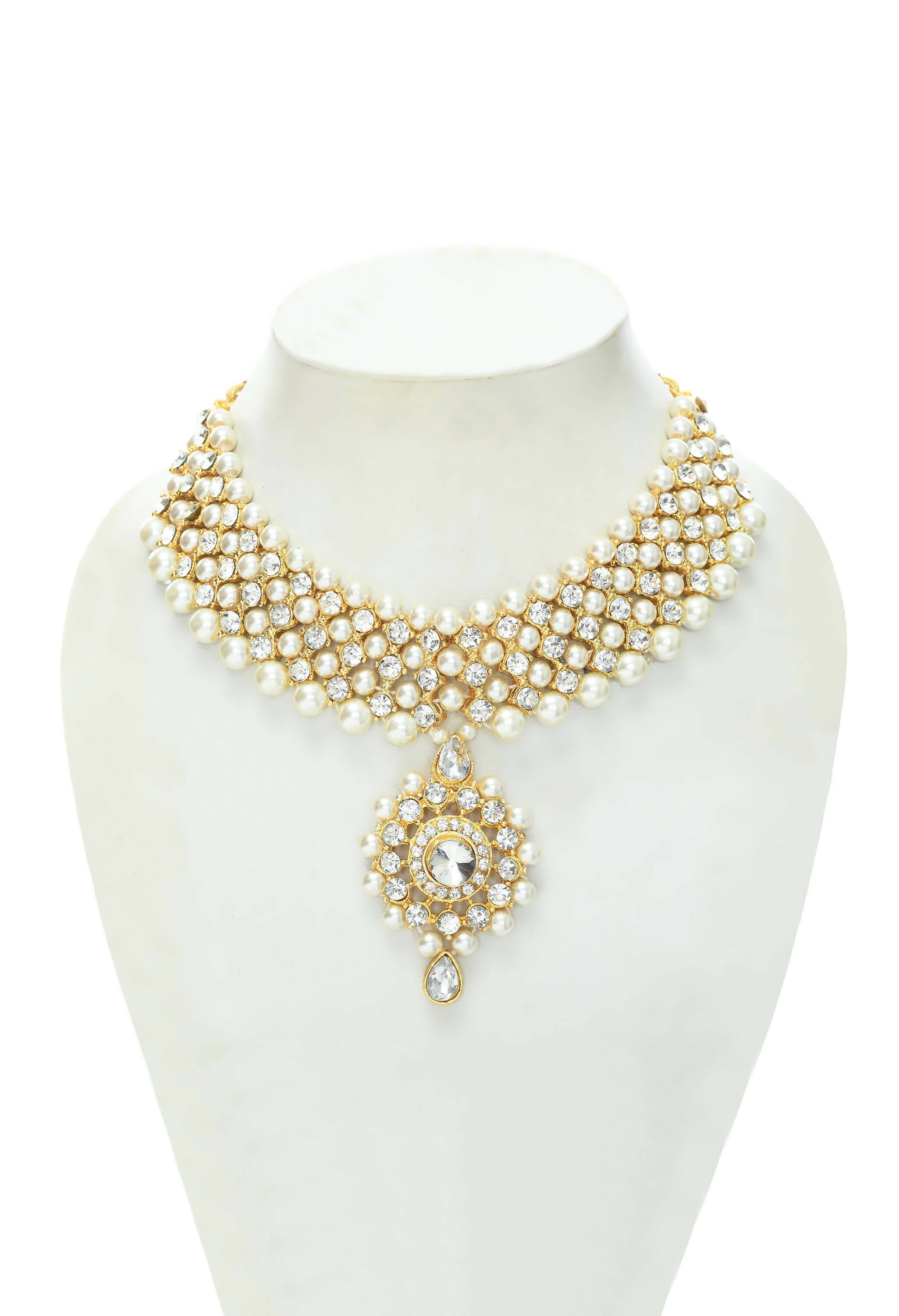 Gold-Polished Rani Haar Necklace Set with Off White Pearls & Kundan