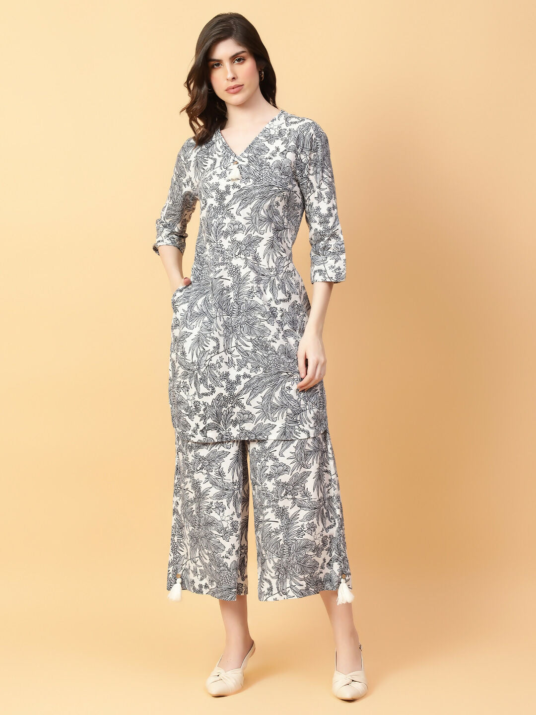 Grey Cotton Printed Co-ord Set with Hand Work Detail