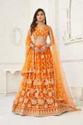Orange Butterfly Net lehenga with white cotton thread and sequence work