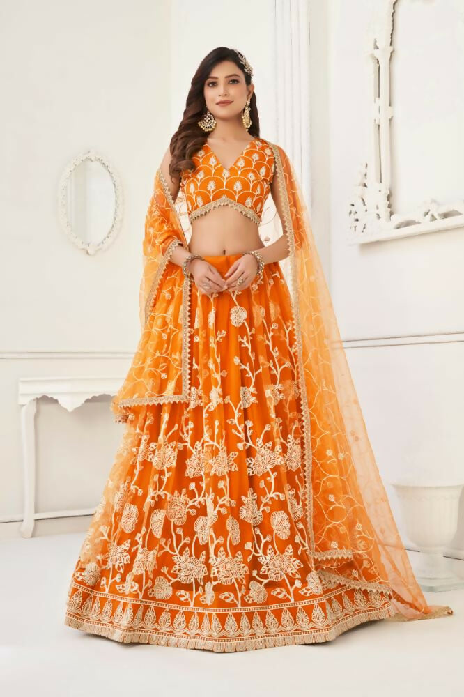 Orange Butterfly Net lehenga with white cotton thread and sequence work