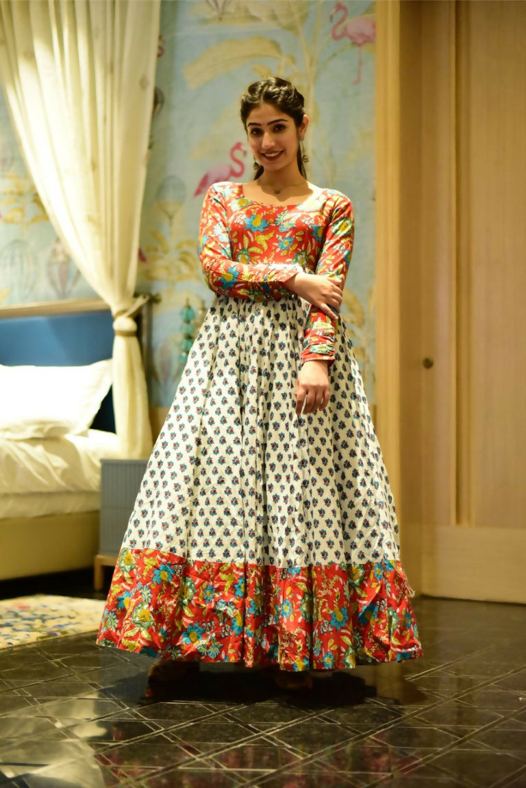 Off-white Anarkali dress with multi-colored digital floral prints