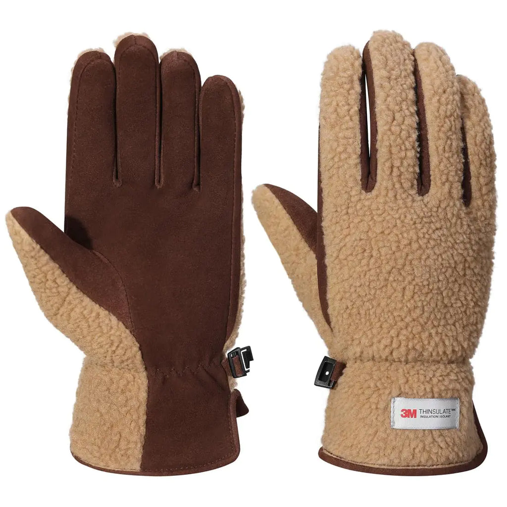 Harssidanzar Winter Leather Gloves Mens Sheepskin Suede Leather Outdoor Snow Ski Thermal Fleece and Thinsulate Lined Soft SM041USCamel/Dark Brown Size XL