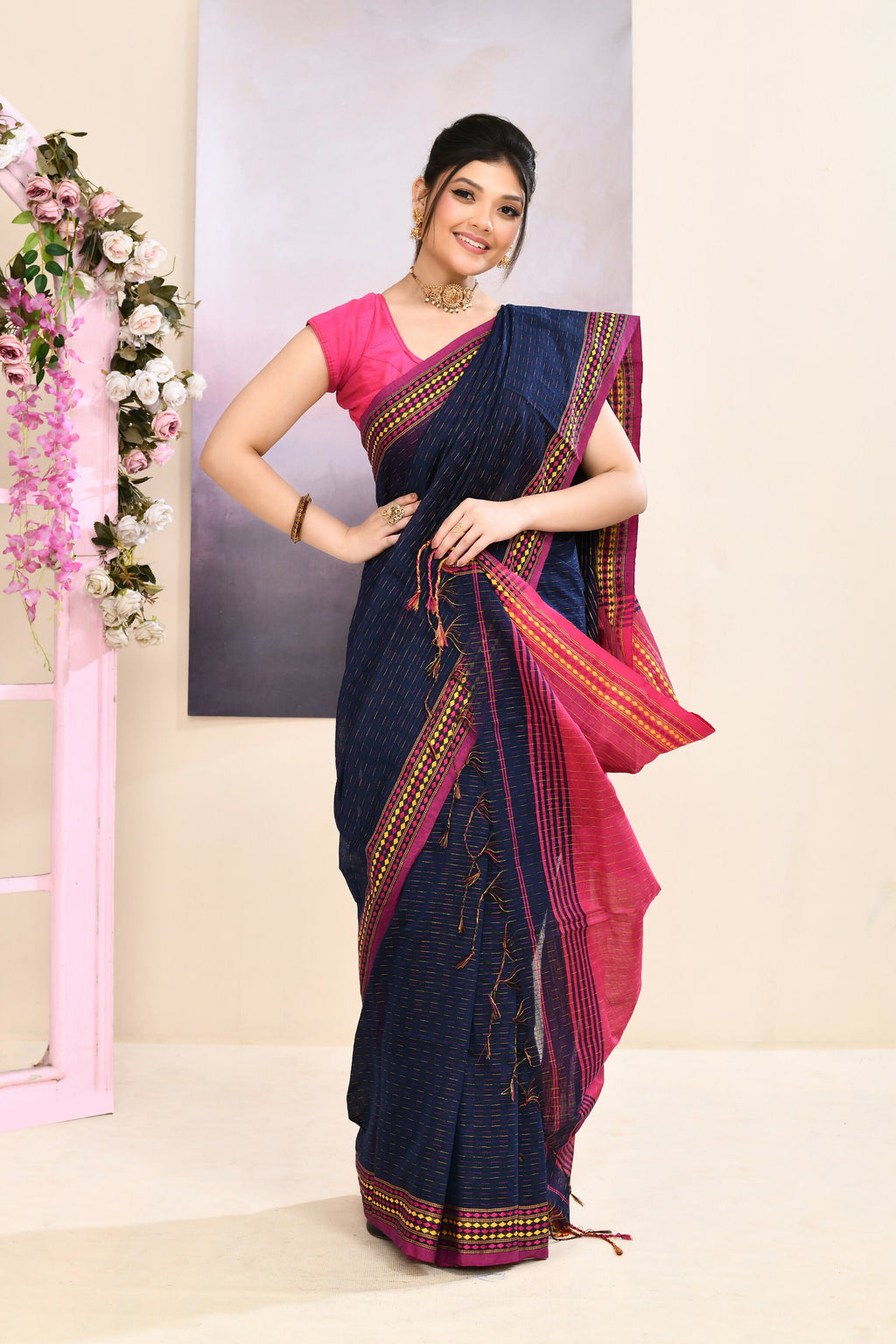Navy Blue Embellished Cotton Blend Jamdani Saree