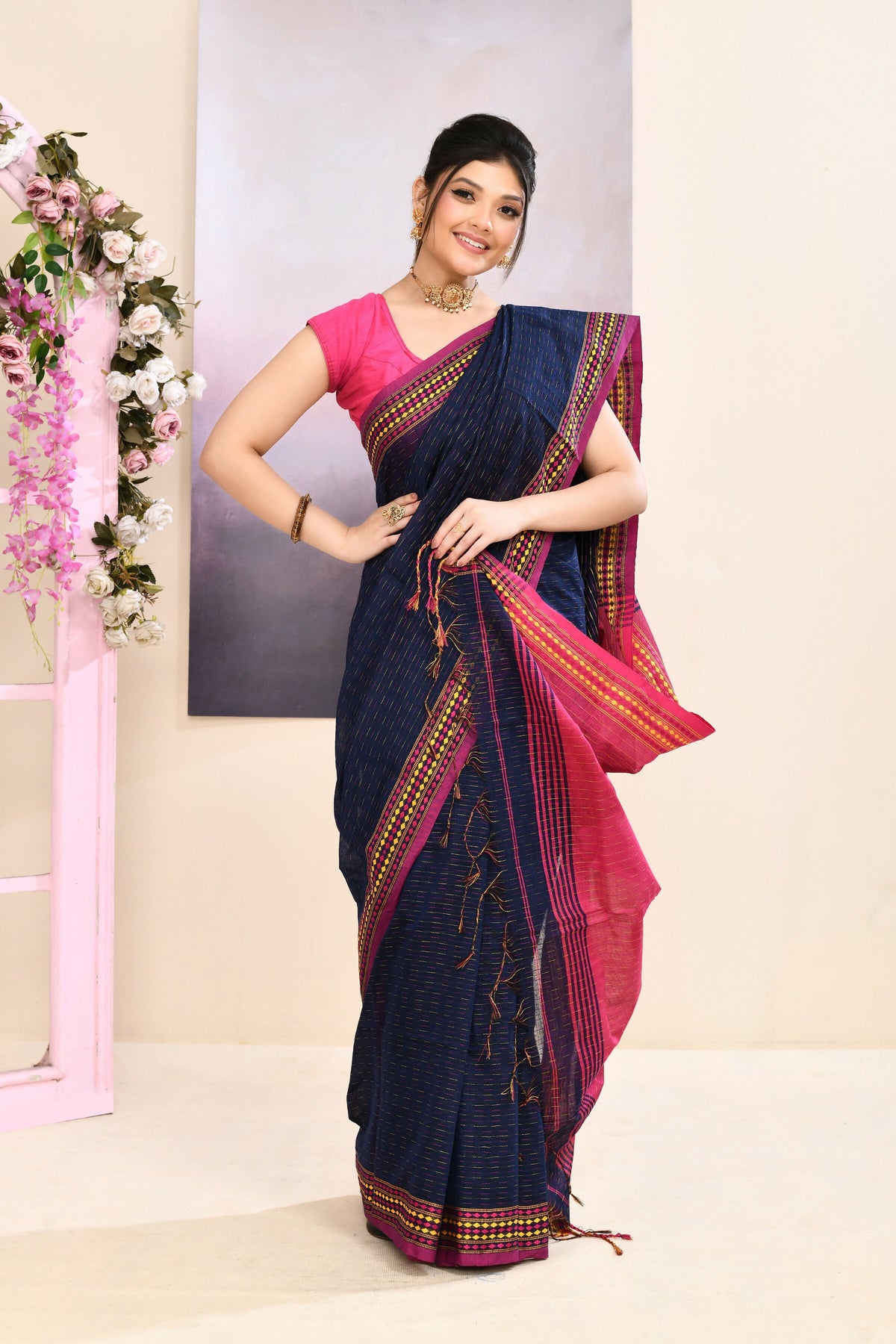Navy Blue Embellished Cotton Blend Jamdani Saree