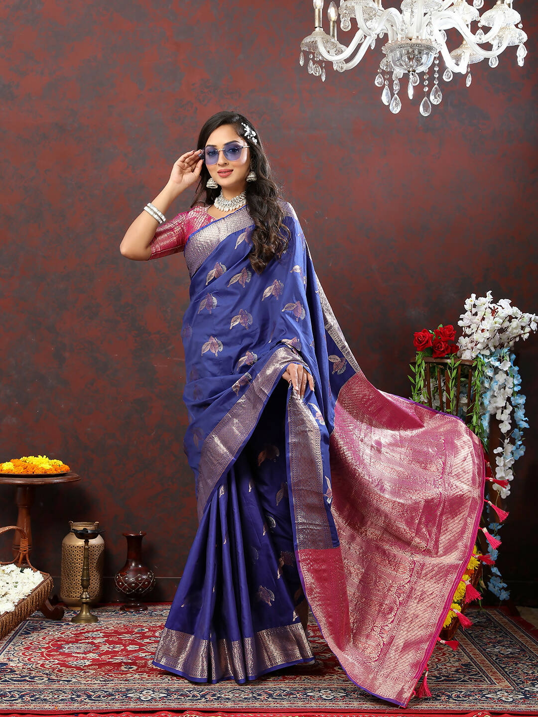 Navyblue Soft Silk Saree with Elegant Zari Weaving Design