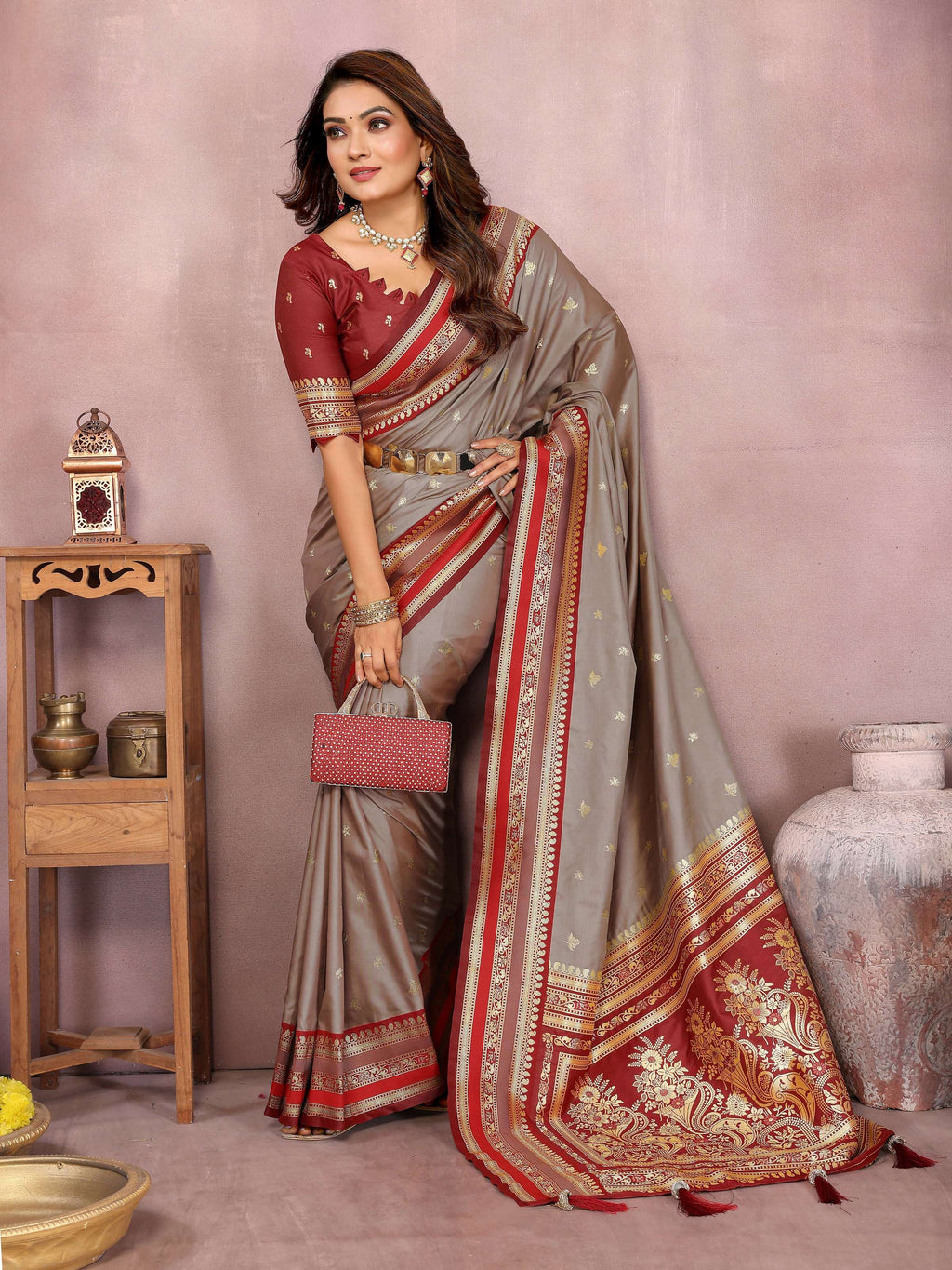Grey Kalamkari Silk Saree with Elegant Weaving