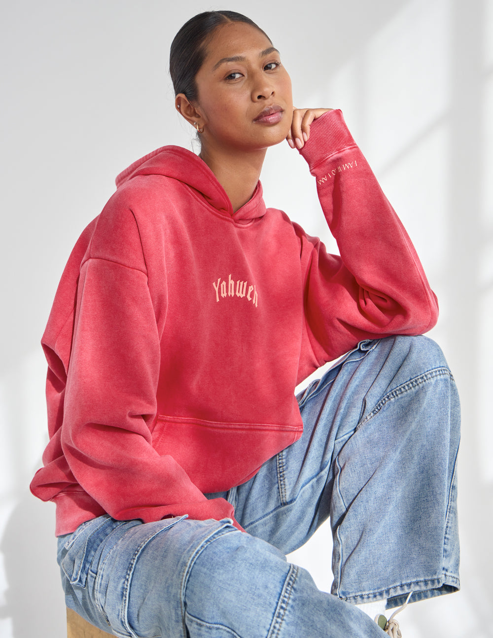 Yahweh Unisex Hoodie in Ribbon Red with Exodus 3:14 graphic text on front