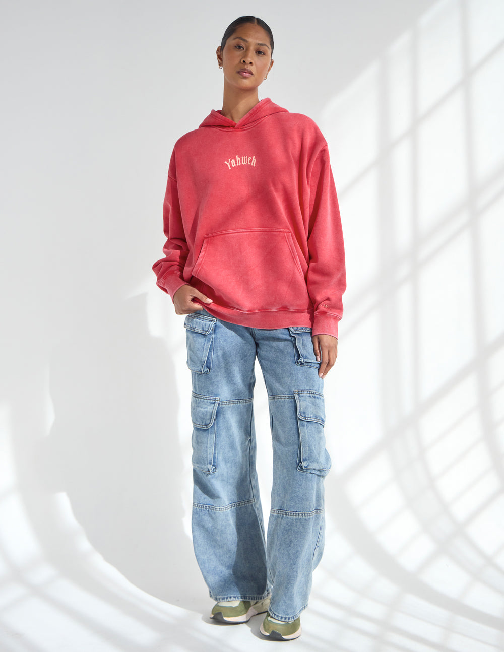 Yahweh Unisex Hoodie in Ribbon Red - Relaxed Fit Graphic Pullover
