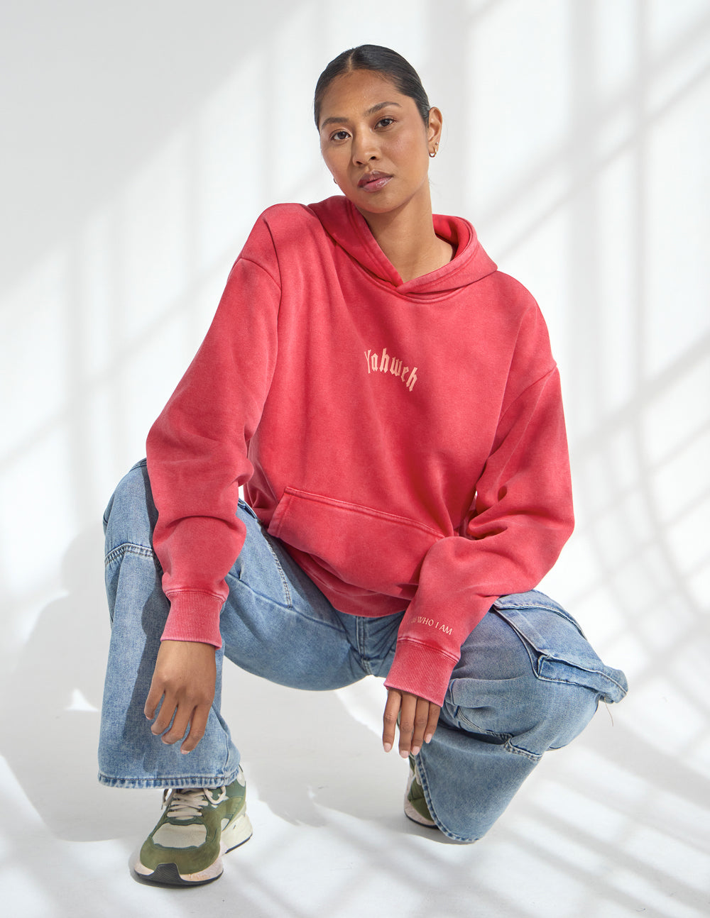 Yahweh Unisex Hoodie in Ribbon Red - Relaxed Fit Graphic Pullover
