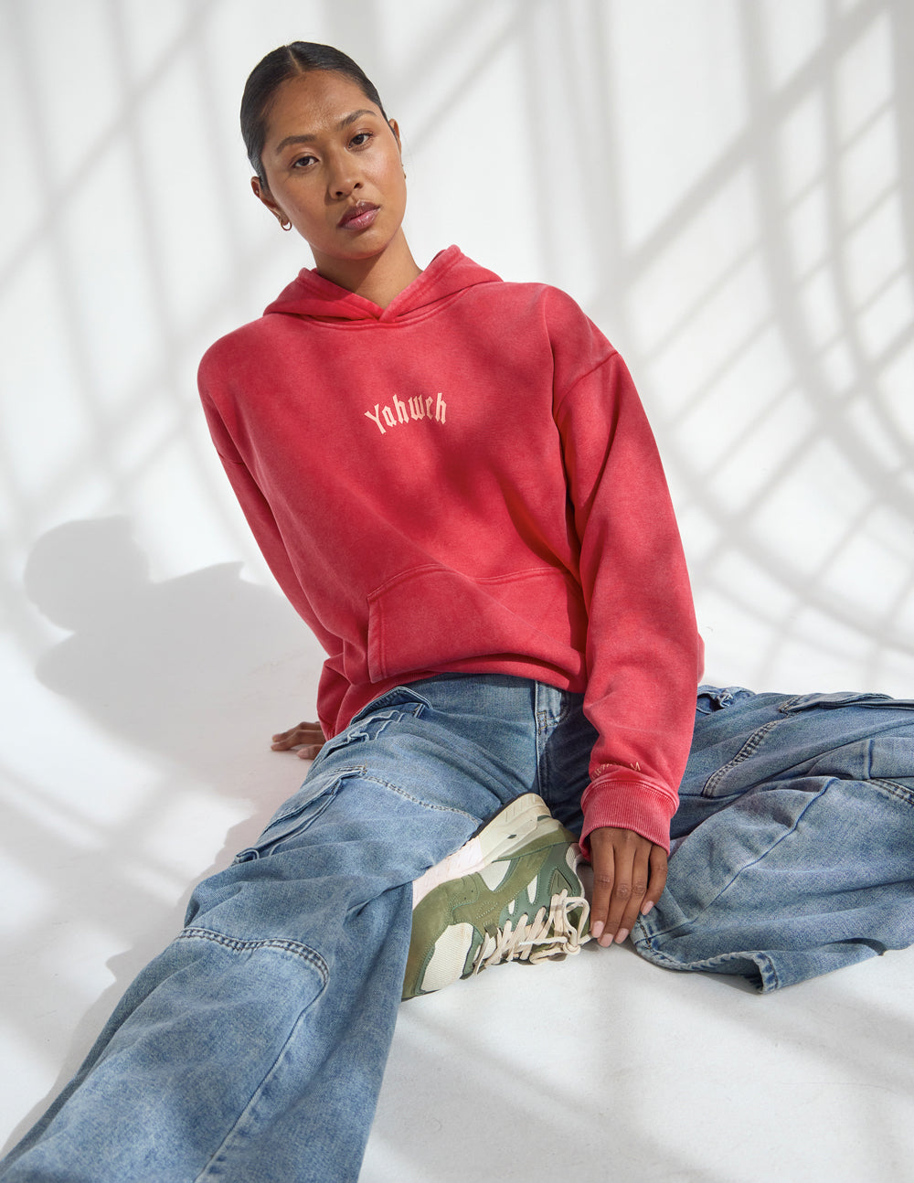 Yahweh Unisex Hoodie in Ribbon Red - Relaxed Fit Graphic Pullover