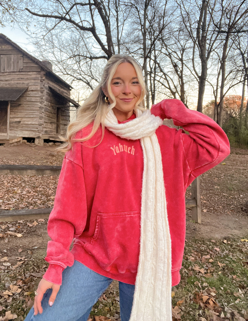 Yahweh Unisex Hoodie in Ribbon Red - Relaxed Fit Graphic Pullover